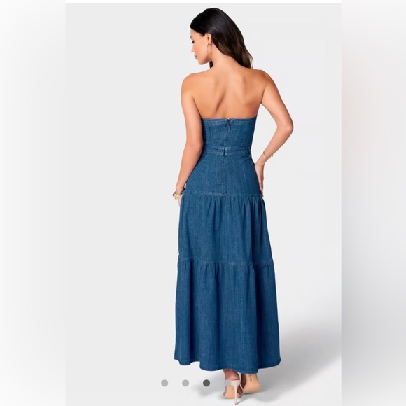 bebe STRAPLESS TIERED LIGHTWEIGHT DENIM DRESS - Picture 3 of 8